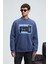LUCIAN Erkek Göğsü Baskılı Yuvarlak Yaka Regular Fit İndigo Sweatshirt 2