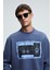 LUCIAN Erkek Göğsü Baskılı Yuvarlak Yaka Regular Fit İndigo Sweatshirt 4