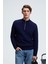 IVAR Erkek Yarım Fermuarlı Dik Yakalı Saç Örgü Desenli Triko Lacivert Kazak 1