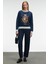 VALLUNE Kadın Kontrast Triko Etek Ucu Manşet Ve Yakalı Nakış Crop Lacivert Sweatshirt 5