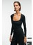 ZAFEEA Kadın Havuz Yakalı Esnek Kumaşlı Çıtçıtlı Siyah Bluz 1