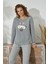Kadın Gri Renk Pauntiyeli Uzun Kollu Baskılı Bisiklet Yaka Pijama Takımı C0T8N051 1