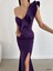 Tek Omuz Scuba Krep Abiye Elbise 581321 Mor 1