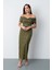Kadın Haki Kayık Yaka Midi Boncuklu Abiye Elbise 2
