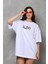 Unisex Bisiklet Yaka Baskılı Oversize T-Shirt - Beyaz 5