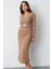 Kadın Bej Kemerli Büzgü Detay Uzun Elbise 3