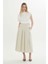 Beli Kuşaklı Pileli Ekru Midi Etek 1