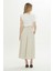 Beli Kuşaklı Pileli Ekru Midi Etek 3