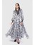 Triko Detaylı Yılan Desenli Maxi Boy Şifon Gri Elbise 1