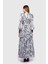 Triko Detaylı Yılan Desenli Maxi Boy Şifon Gri Elbise 3