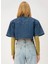 Oversize Crop Fit Sedef Çıtçıtlı Orta Indigo Kadın Jean Ceket 4