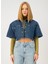 Oversize Crop Fit Sedef Çıtçıtlı Orta Indigo Kadın Jean Ceket 1