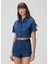 Lacivert Kısa Kollu Cropped Denim Gömlek 4