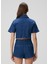 Lacivert Kısa Kollu Cropped Denim Gömlek 5