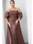 Kadın Kahverengi Straplez Boncuklu Saten Kuyruklu Uzun Abiye 3