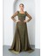 Kadın Haki Uzun Kol Taşlı Saten Kuyruk Aksesuarlı Abiye 1