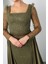 Kadın Haki Uzun Kol Taşlı Saten Kuyruk Aksesuarlı Abiye 4