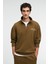 BRAM Erkek %100 Pamuk Dik Yakalı Yarım Fermuarlı Baskılı Haki Sweatshirt 3