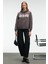ALIRAYNE Kadın Baskılı Oversize Kapüşonlu Kanguru Cep Antrasit Sweatshirt 2