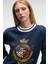 VALLUNE Kadın Kontrast Triko Etek Ucu Manşet Ve Yakalı Nakış Crop Lacivert Sweatshirt 2