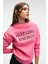 ISOLUNE Kadın Yaka Nakış Detaylı Oversize Bisiklet Yaka Pembe Sweatshirt 1