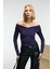 SELUNETTE Kadın Asimetrik Yakalı Omuzu Açık Esnek Kumaşlı Vücudu Saran Slim Fit Mor Bluz 3