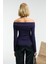 SELUNETTE Kadın Asimetrik Yakalı Omuzu Açık Esnek Kumaşlı Vücudu Saran Slim Fit Mor Bluz 6