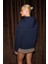 LIORAEN Kadın Baskılı Relaxed Kanguru Cepli Kapüşonlu Lacivert Sweatshirt 6