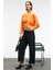 VALLUNE Kadın Kontrast Triko Etek Ucu Manşet Ve Yakalı Nakış Crop Turuncu Sweatshirt 5