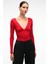 TEVRINE Kadın Kruvaze Yakalı Esnek Kumaşlı Uzun Kollu Çıtçıt Kapamalı Slim Fit Kırmızı Bluz 2