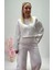 Yeni Sezon Beyaz Varaklı Crop Sweatshirt - Pantolon Eşofman Alt Üst Takım 2
