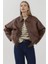 Kadın Cep Detaylı Oversized Suni Deri Ceket Brown 2