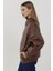 Kadın Cep Detaylı Oversized Suni Deri Ceket Brown 3