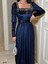 Esnek Simli Kadife Kare Yaka Taş ve Kemer Detaylı Abiye Elbise 583122 Lacivert 4