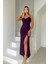 Ince Askılı Yırtmaçlı Balık Elbise Mor 582210 1