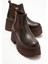 Clen Kahverengi Cilt Hakiki Deri Lastikli Kadın Kalın Tabanlı Bot 1