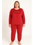 Kadın 13214-2656 Büyük Beden Kadife Pijama Takımı Kırmızı 1