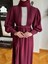 Bordo Dantel ve Nervürlü Müslin Elbise 5087 3