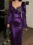 Tek Göğüs Taşlı Simli Kadife Abiye Elbise Mor 583116 2
