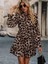 Kadın Uzun Kollu Yakadan Bağcıklı Modal Leopar Desenli Mini Elbise 1