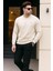 Erkek Bisiklet Yaka Göğüs Nakış Bol Krem Sweatshirt 4