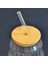 Bambu Kapaklı Pipetli Çizgili Bardak - Açık Kahverengi / Şeffaf - 450 ml 3