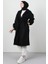 Siyah Asuman Kaşe Kaban Kadın Oversize Uzun Kol Düz Dokuma Casual Tarz 3