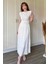 Vatkalı Krinkıl Midi Bel Detaylı Beyaz Elbise 2