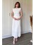 Vatkalı Krinkıl Midi Bel Detaylı Beyaz Elbise 3