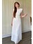 Vatkalı Krinkıl Midi Bel Detaylı Beyaz Elbise 6