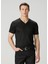 Slim Fit Wooster Siyah V Yaka Keten T-Shirt 1