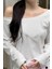 Beyaz Kadın Düşük Omuz Kayık Yaka Oversize Uzun Kollu T-Shirt 2