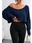 Lacivert Kadın Oversize Düşük Omuz Kayık Yaka Pamuklu Uzun Kollu Crop T-Shirt 3