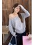 Gri Kadın Düşük Omuz Kayık Yaka Oversize Uzun Kollu T-Shirt 3